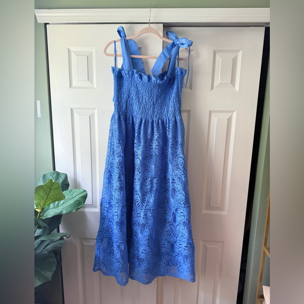 Hill House Blue Eyelet Tie-Strap Midi Dress